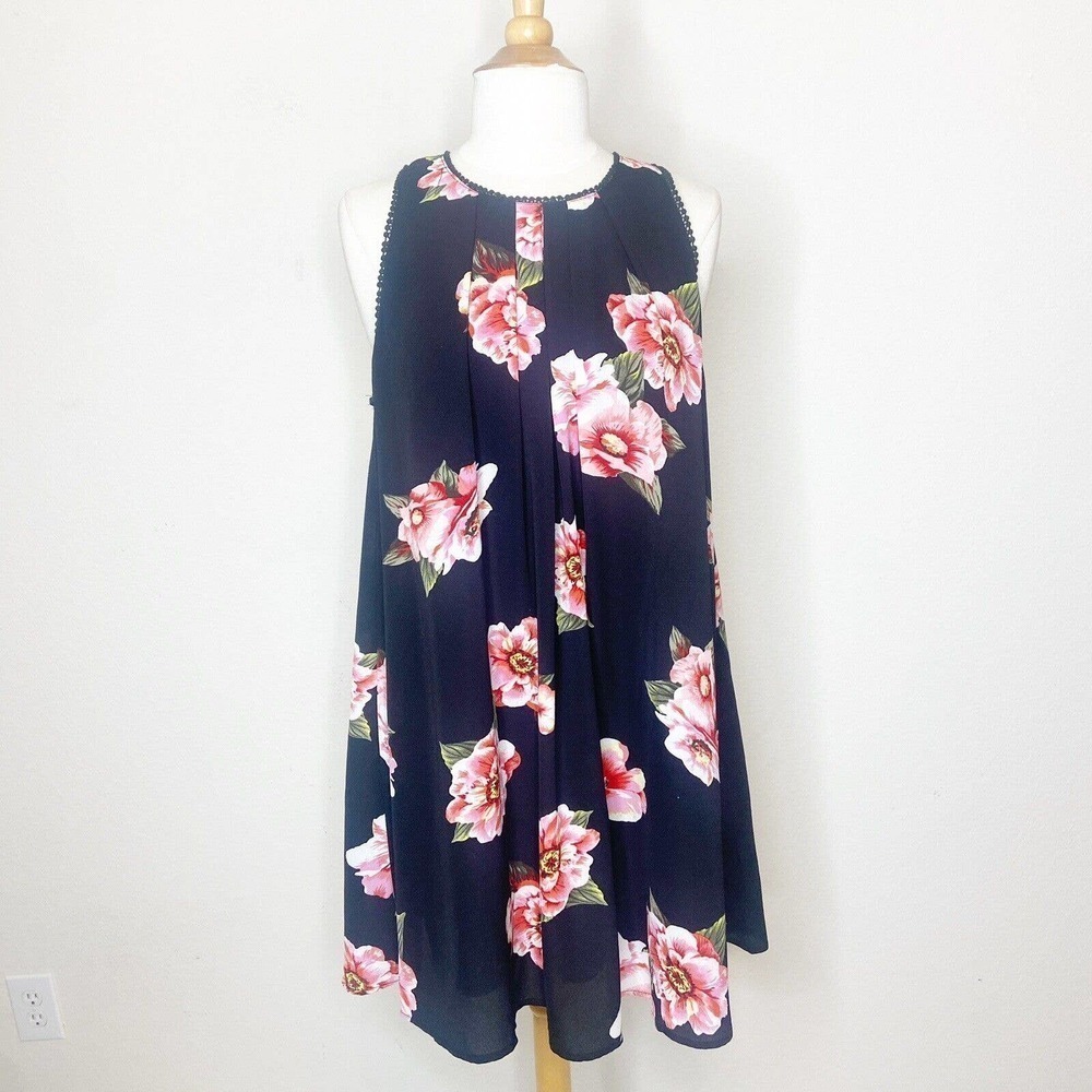 umgee Crochet Trim Black and Floral Shift Dress S